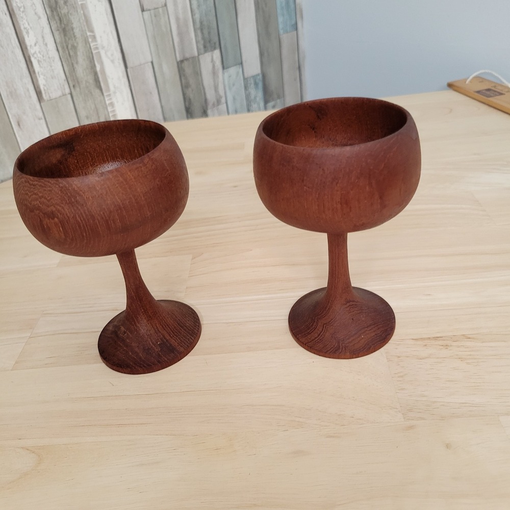 Vintage Teak Wood Goblets Set of 2 Hand Carved MCM Mid Century Modern   Bohemian